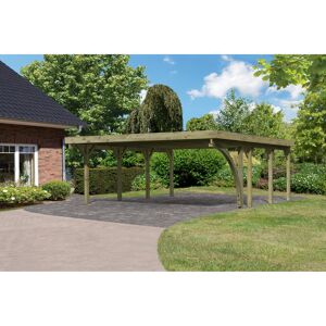 Doppelcarport 'Classic 2' 598 x 670 cm Kiefer KDI PVC-Dach, mit einem Einfahrtsbogen